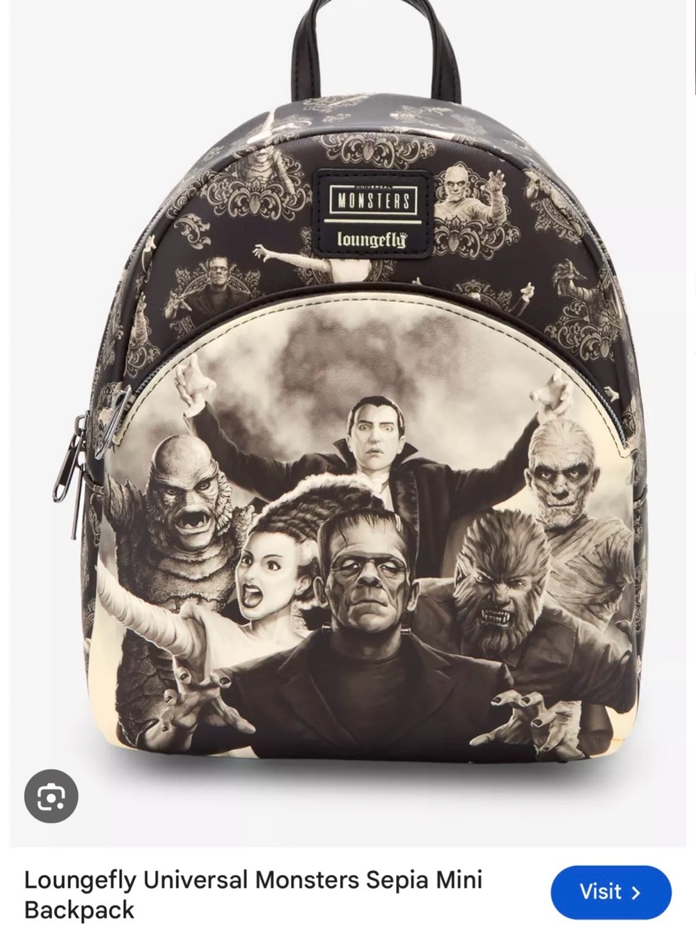 Loungefly Universal Monsters Sepia Mini Backpack - Black/Cream. NWOT